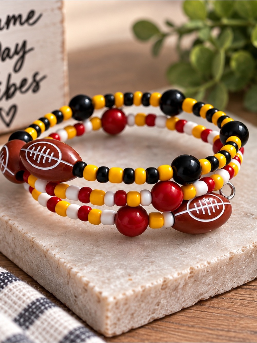 Beaded Football Wrap Bracelet - Red, Yellow, Black, White